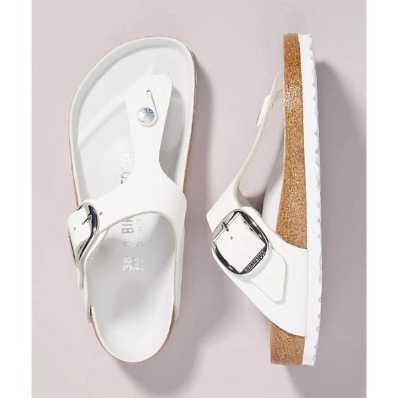 New Birkenstock Gizeh Big Buckle Smooth Leather Sandals Shoes in White Silver - Picture 1 of 15